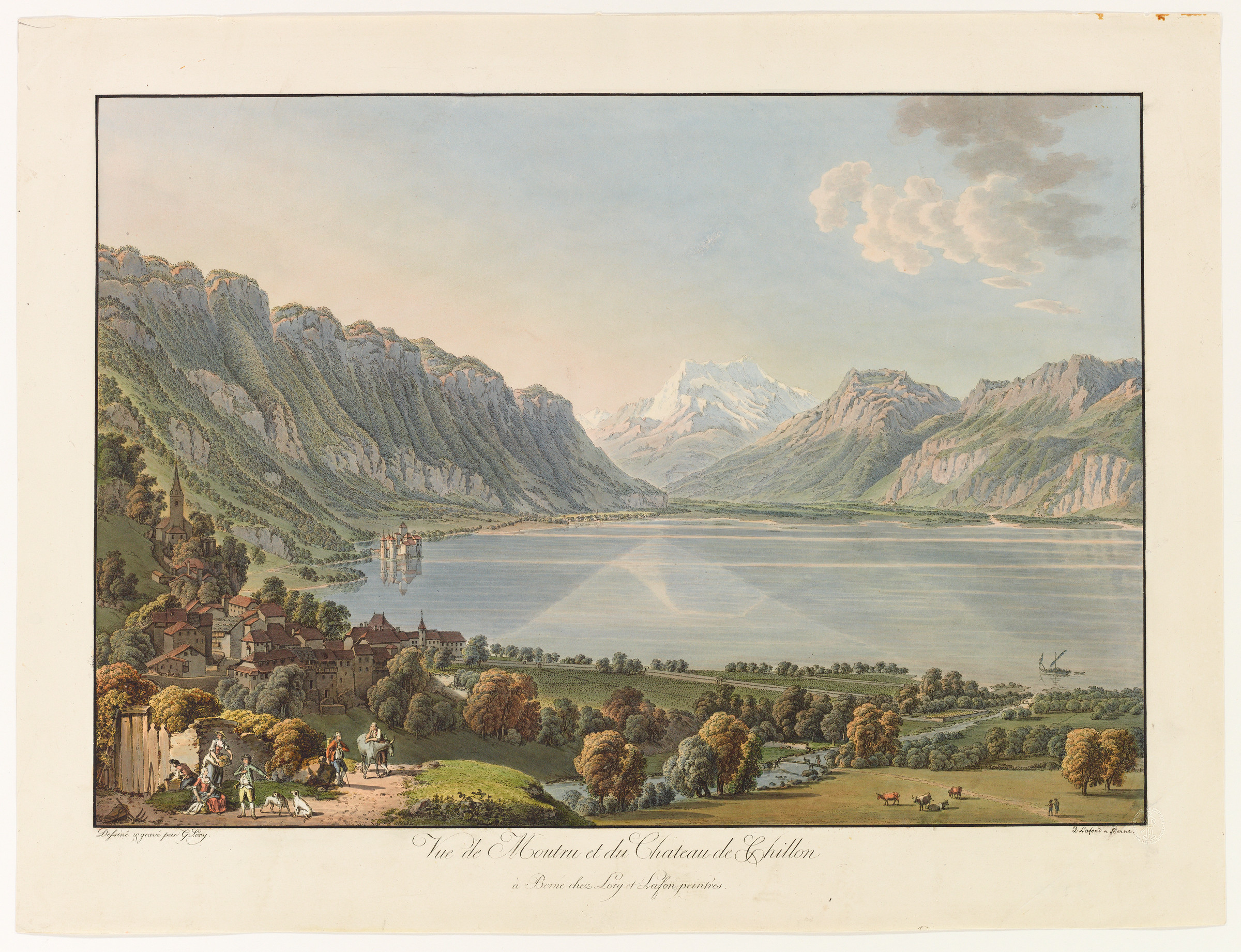 Montreux, Panoramablick aus nordwestlicher Richtung. Bucht von Montreux; Jäger; Schloss Chillon; Dents du Midi; Genfer See; Bauer.